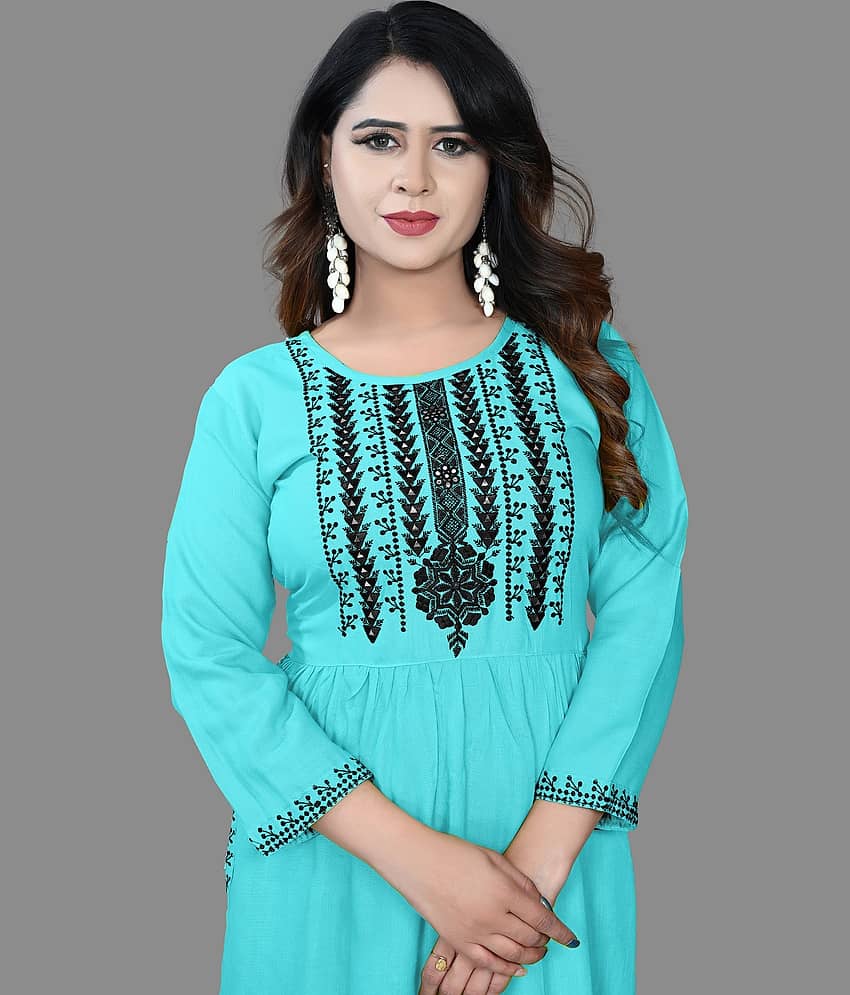 HAYA - Turquoise Rayon Women's Straight Kurti ( Pack of 1 ) view 2