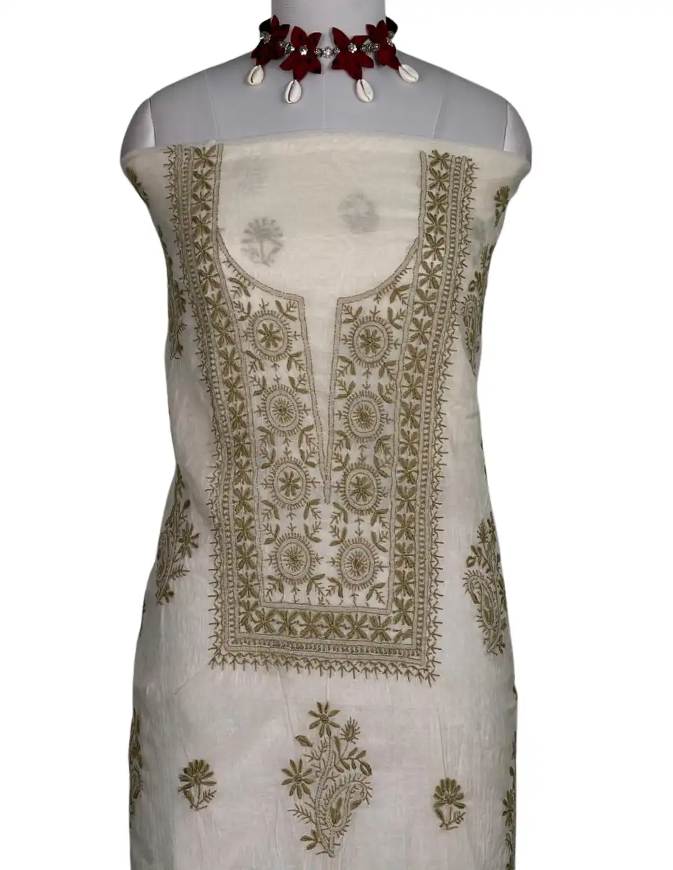Chikankari Mul Chanderi Dress Material Ivory Green Floral view 2