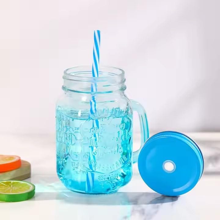 Glass Mason Jar with Air Tight Lid & Straw 450 ML Handle Mason Mug Jars for Drinks,Beverages Fruit,Juice,Coco, Milk, Water (Multi-Colour) Pack of 2 view 2