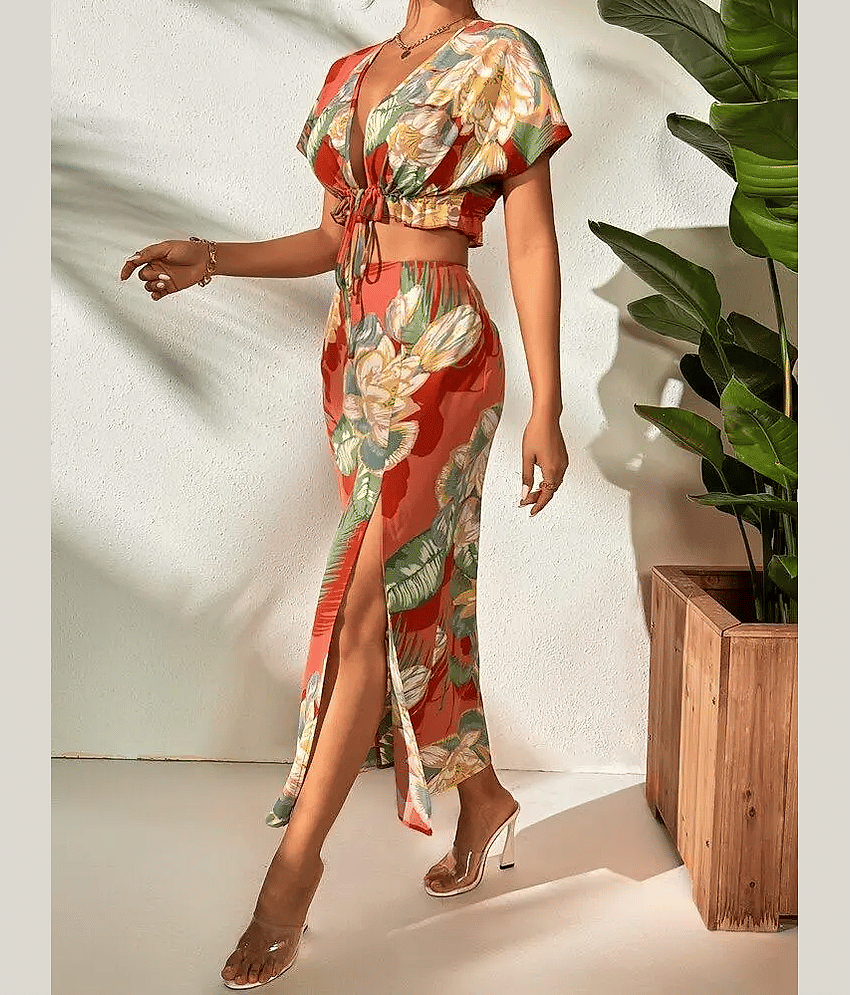 COOL AND CASUAL Women Printed Top With Skirt Co-Ord Set ( Rust ) view 2