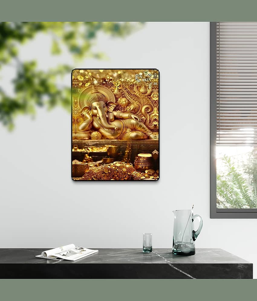 Livin'luxe Golden Ganesh Treasure Wealth Wall Art Black Frame Sparkle Lamination Pooja Home Decor Painting view 2