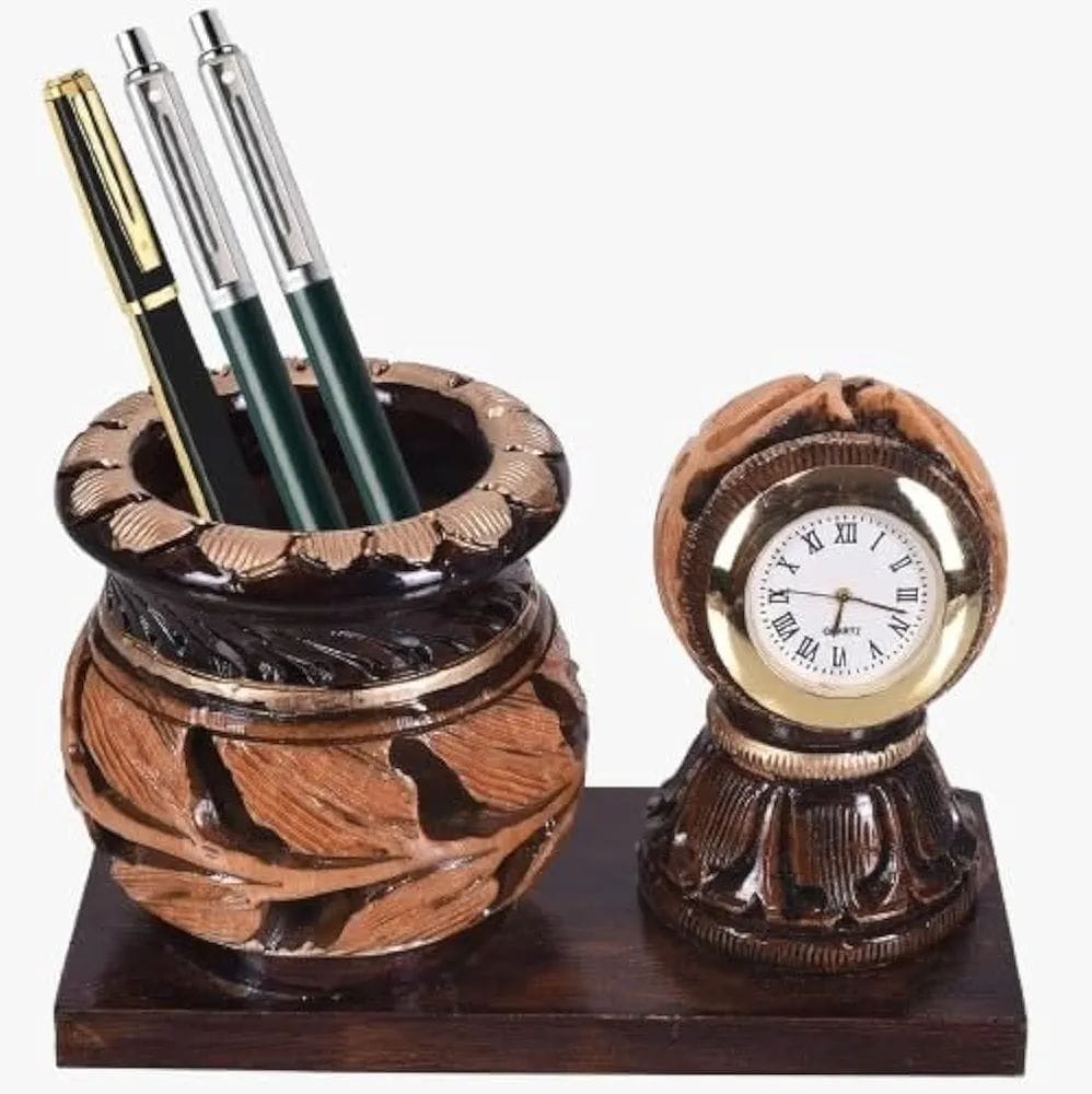 Handicraft Wooden Pen Holder with Clock Stand view 2