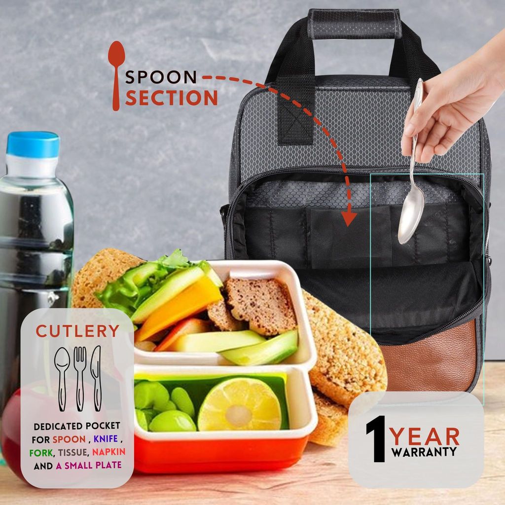 Insulated Lunch Bag | Large Space Fits 2 Lunch Boxes & 1Ltr Water Bottle, Front Cutlery Compartment (Grey & Tan Color) TB16 view 2