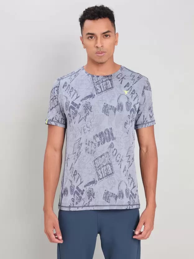 Men Printed Round Neck Polyester Light Navy T-Shirt view 2