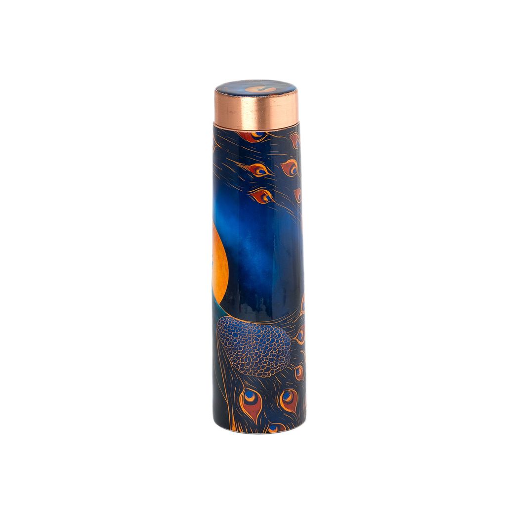 Sowpeace designer copper bottle “Trendy bottle sporting abstract designs” for kitchen and dining, premium designed bottles as serveware, for gifting. (Lunar-themed bottle with peacock mo view 2