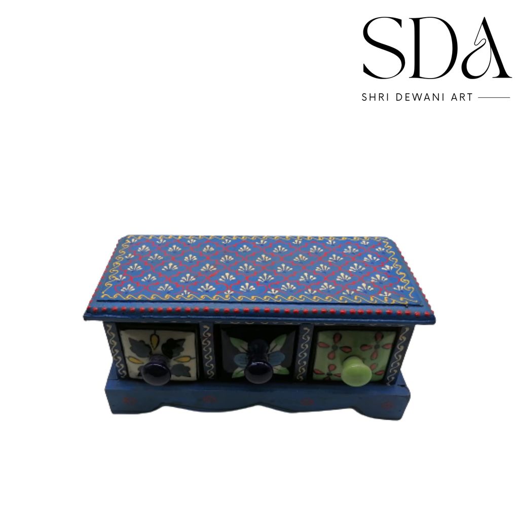 Wooden & Ceramic 3 Chest Of Drawer, Home Decor Desk Organiser, Handmade Hand Painted, Ethnic, Indian Style Christmas Gift Drawing Room Decor view 2