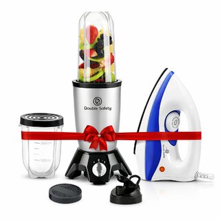 Double Safety Blue Phuket Dry Iron 1000W with Nutri GO Blender 2 Jar Combo | Smoothie Maker, Mixer Grinder for Kitchen | 2-Year Warranty | Maha Saving Combo