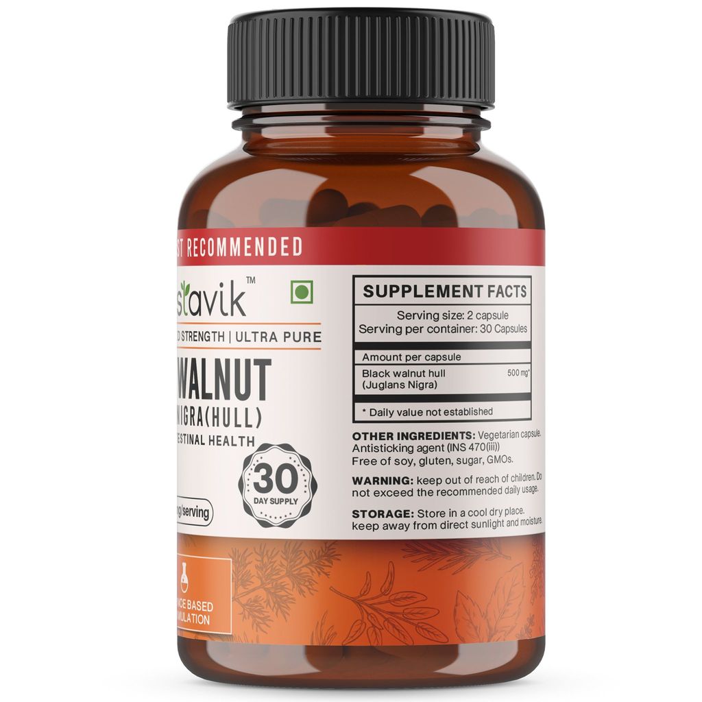 Vaastavik Black Walnut Hull Juglans Nigra 500 MG Vegetarian 60 Extract Capsule Supplement view 2