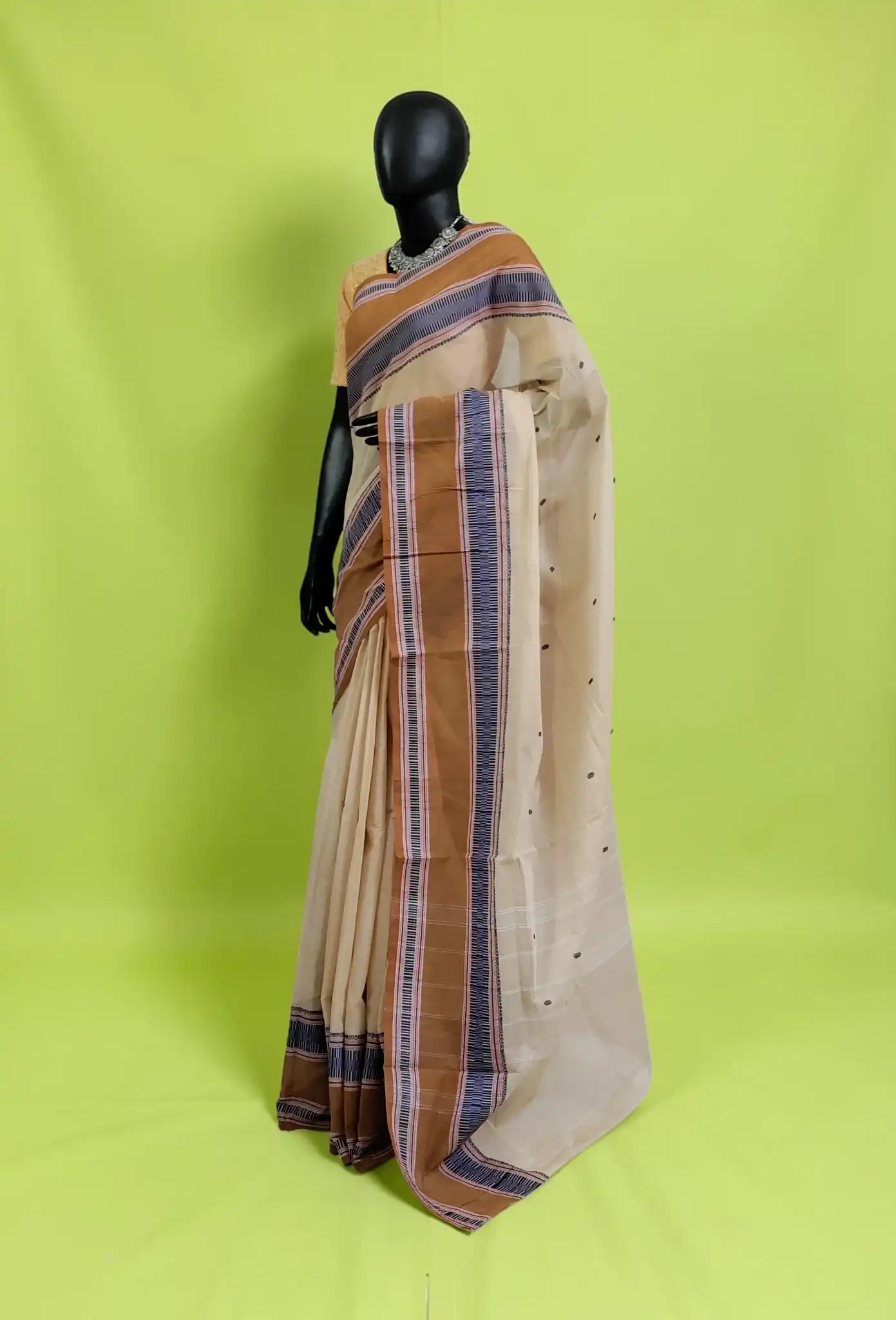 Handwoven Kanchipuram Cotton-Silk Saree in Tan with Blue Striped Border view 2