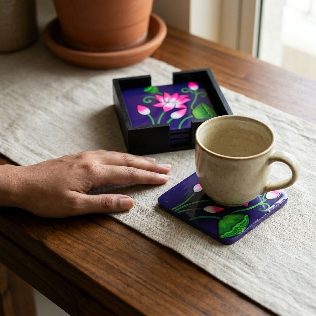 Hand Painted Wooden Pichwai Art Square Shape Violet Color Set of 4 Coasters With Resin Layer view 2