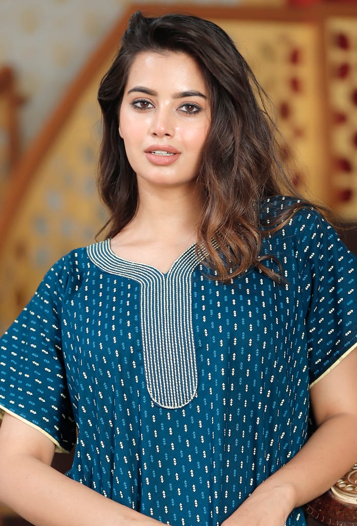 Women's Black Cotton Printed Kaftan Dress