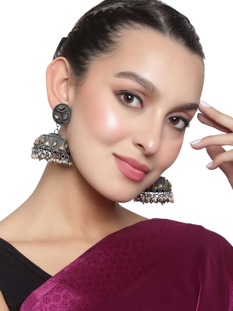 Cardinal Oxidized Metallic Kundan Moti Light Weight Jhumka view 2