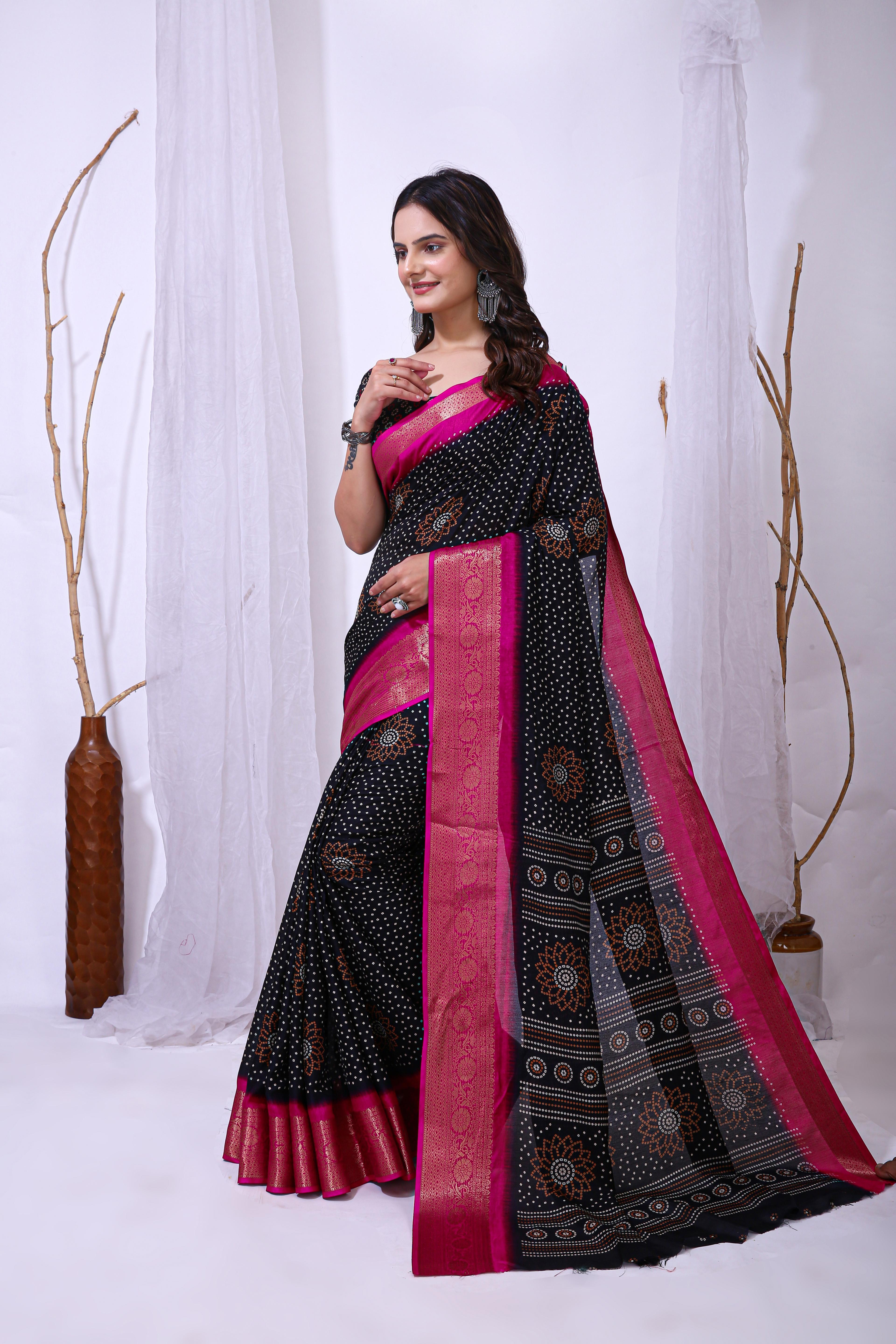 Bandhani Print Dola Silk Saree with Zari Border view 2