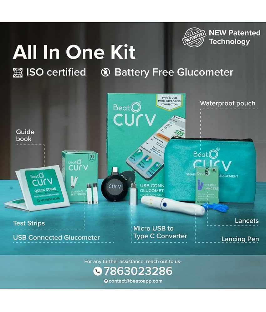 BeatO CURV Sugar Test Machine With 25 Strips & 25 Lancets (Type-C USB Connector), Accurate testing of Blood sugar, Android Only view 2