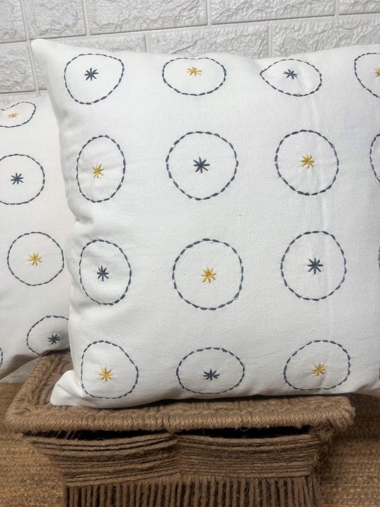 Indihomecraft Handicraft Cotton Cushion Cover - Hand Stitched Embroidery Decorative Art Boho Pillow Boho Round Shape Hand Made Pillow Cover | Square Shape 18X18 Inches Cushion Cover Set of 2 view 2
