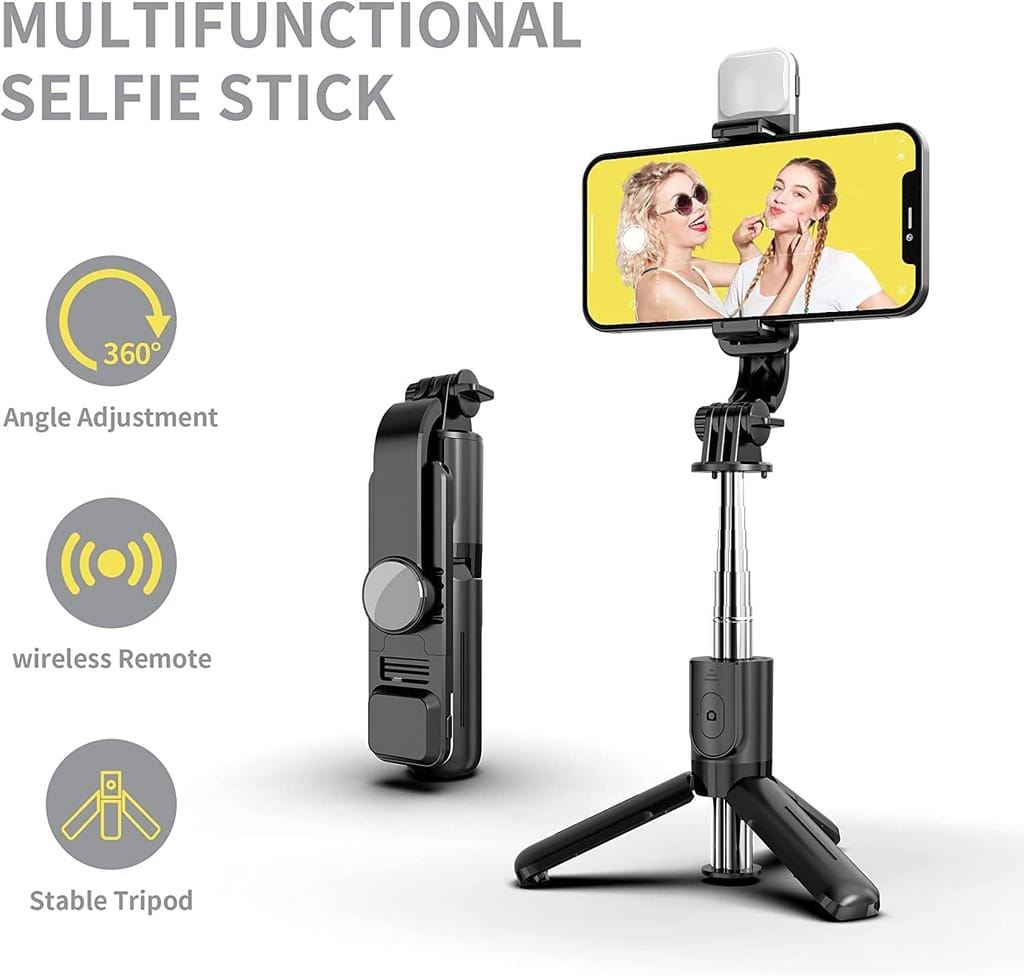 Selfie Stick with Tripod Stand, 3 in 1 Multifunctional design, Rechargable LED Light with Two Brighness Levels for Make up, Selfie, Vlogging & Photo Shoot, Selfie stick with Bluetooth Remote view 2