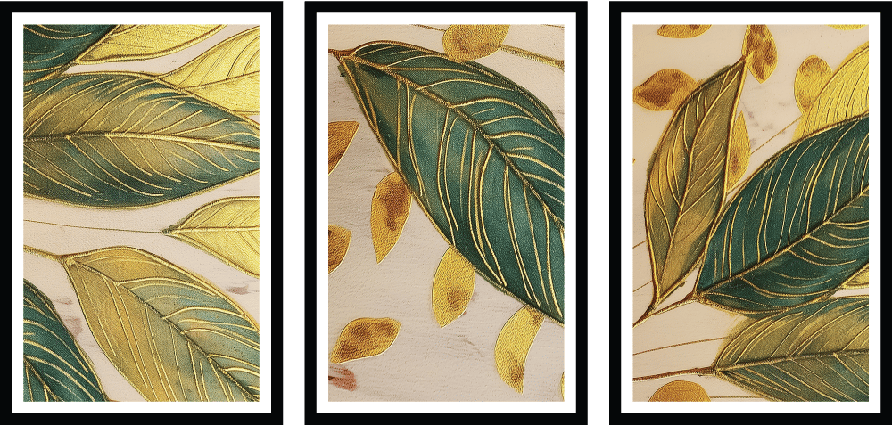 SET OF 3 GREEN AND GOLD WALLART 48in X 24in WITH BLACK FRAME view 2