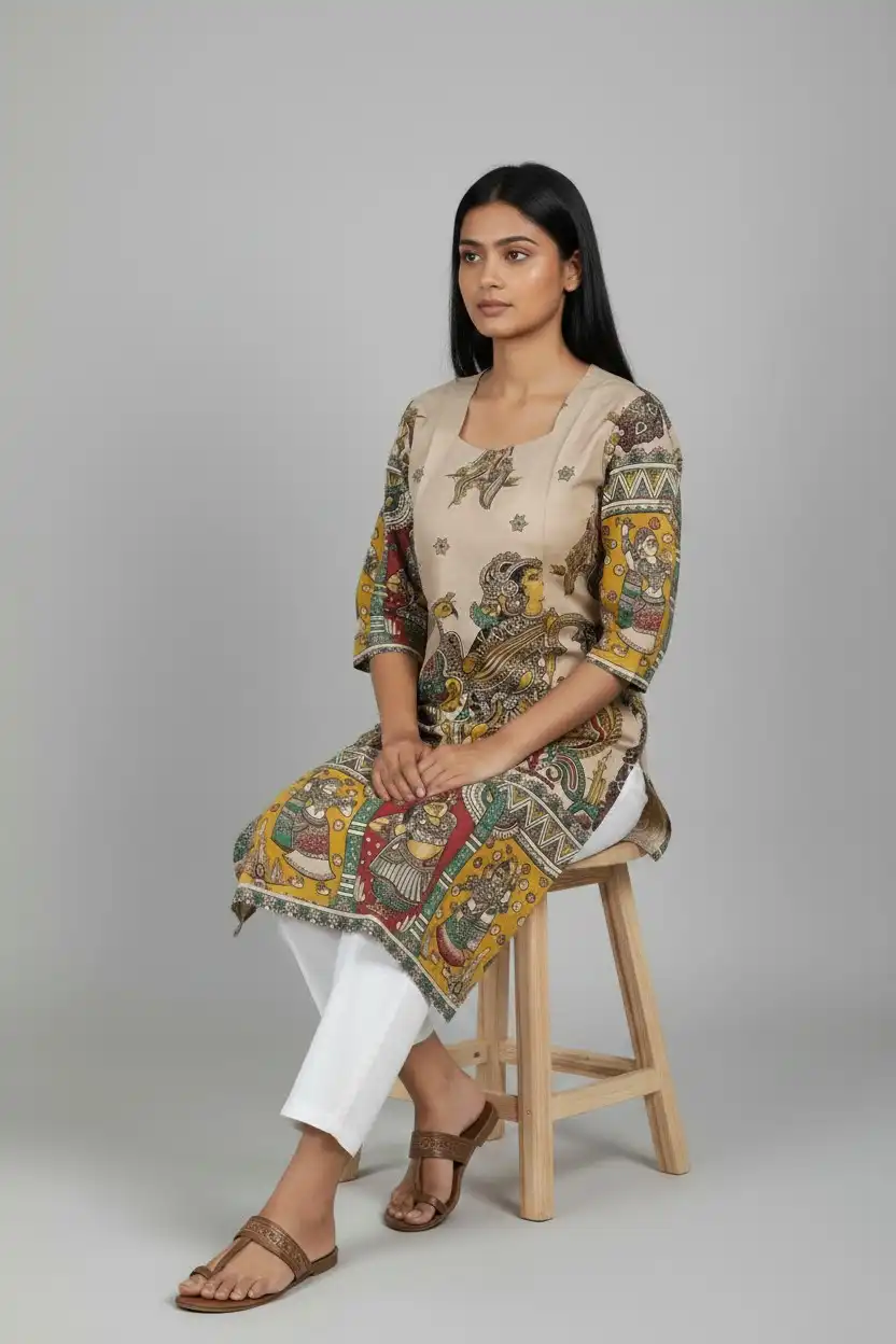 Kalamkari Print Cotton Kurti Black Yellow Maroon view 2