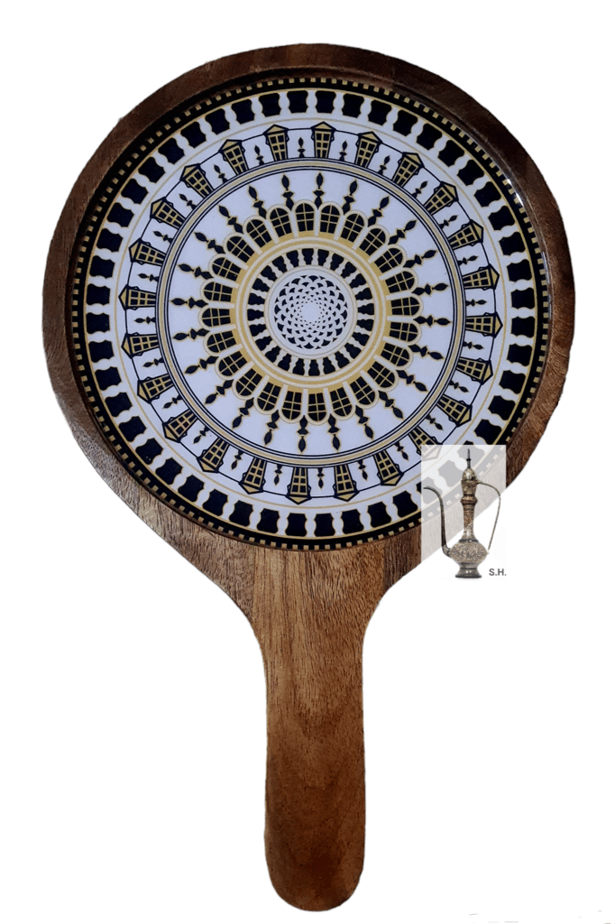 Sara Home Mango Wood Serving Pizza Platter/Chipdip/Dosa/Chees/Snacks Tray Printed Enamel Serving Platter with Handle Appetizer Plate Serving Platter view 2