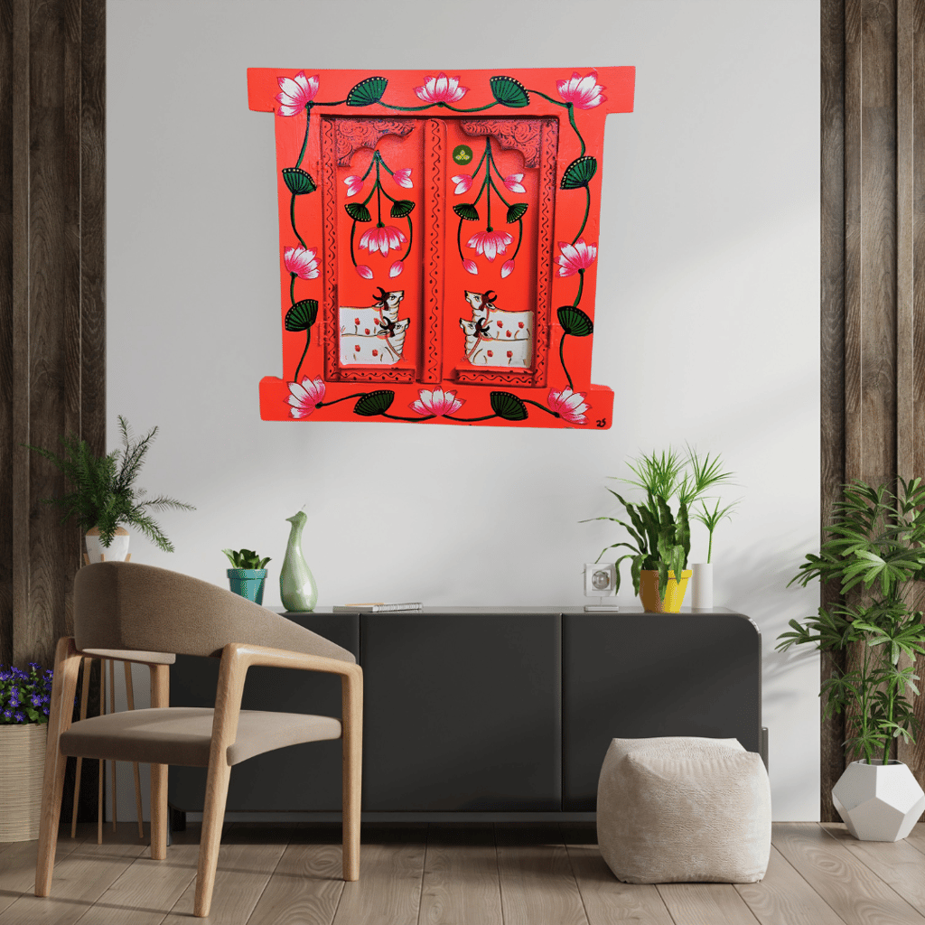 Hand Painted Pichwai Art Wooden Orange Color Jharokha With Door view 2
