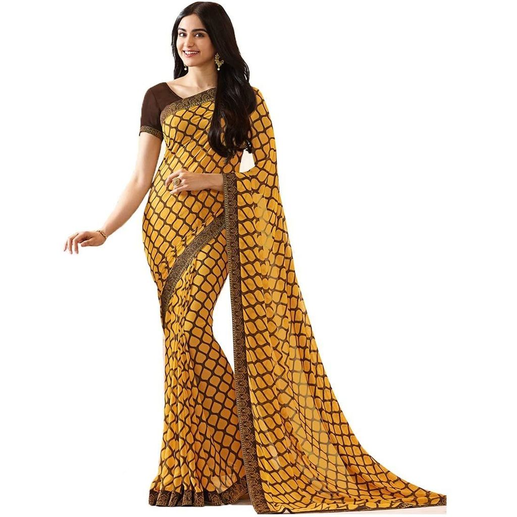 HHK Fashion Women's Printed Georgette 5.5 Meter Saree with Unstitched Banglori Silk Blouse Piece (Yellow).