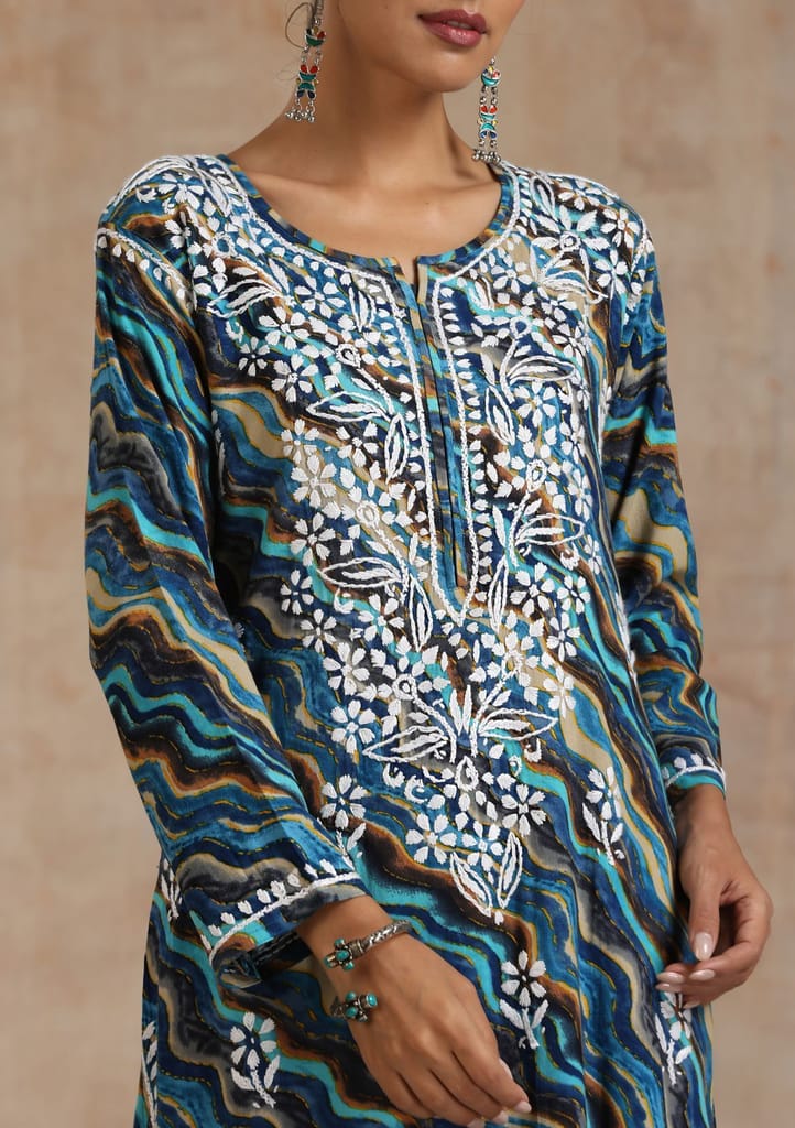 Rayon Chikankari Printed Women's Long Kurta - Blue view 2