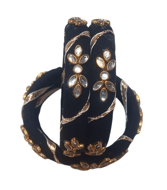 Black Cotton Bangle Set with Kundan Stones view 2