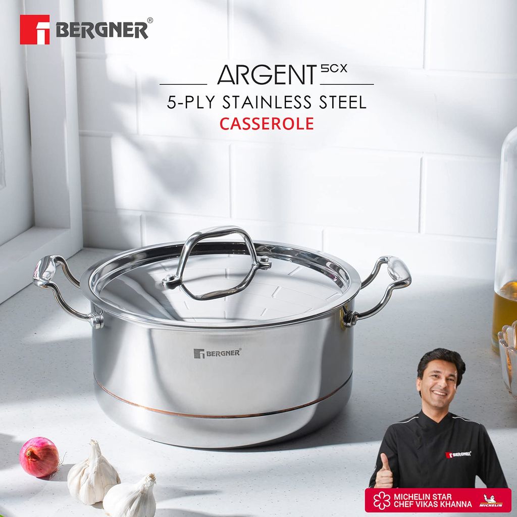 Bergner Argent 5CX 5-Ply Copper Core Stainless Steel Cooking Casserole/ Biryani Pot/ Handi with Lid,Induction Base, 24 cm (4.9ltr), Gas Ready view 2