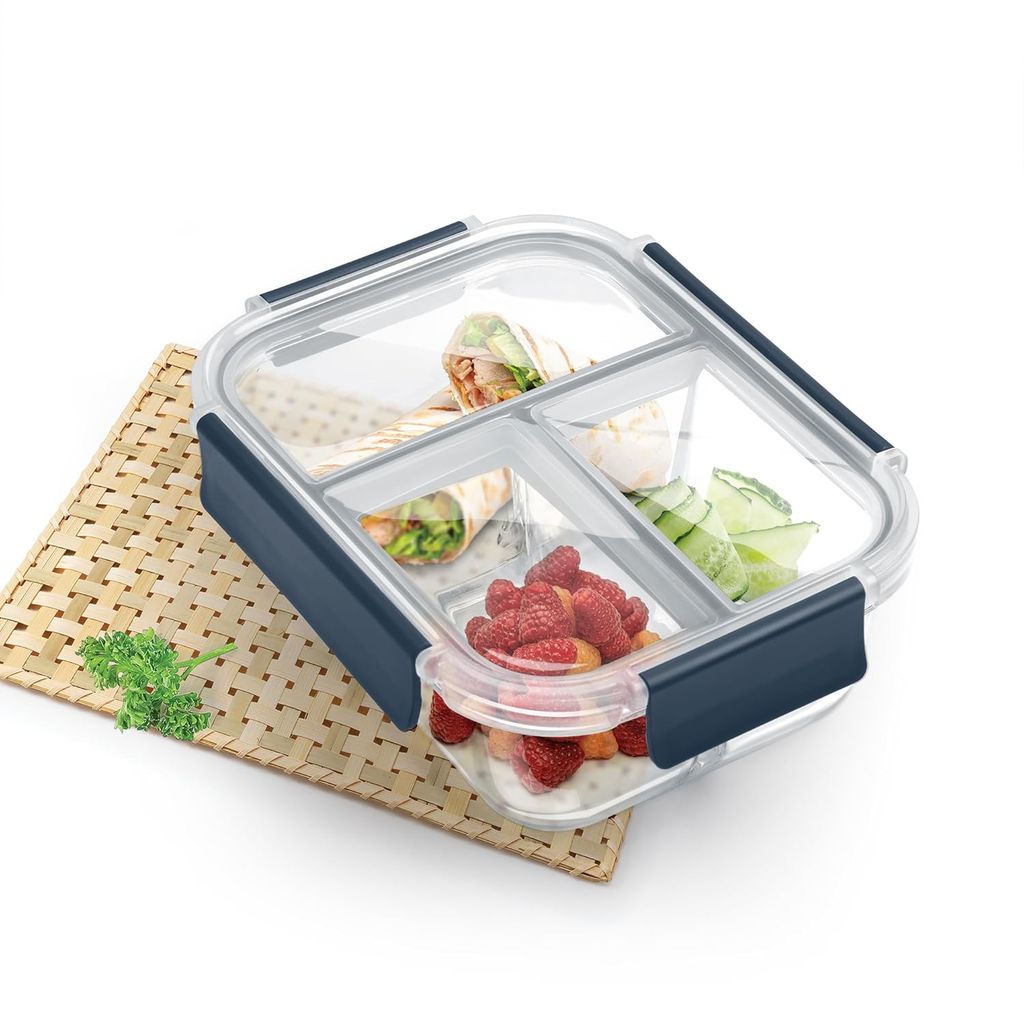Treo By Milton All Fresh Rectangle 3 Compartment Lunch Box | 1000 ml Borosilicate Glass | Microwave & Oven Safe | Air-Vent Leak-Proof Lid with Jacket Containers | for Office & Travel, Blue view 2