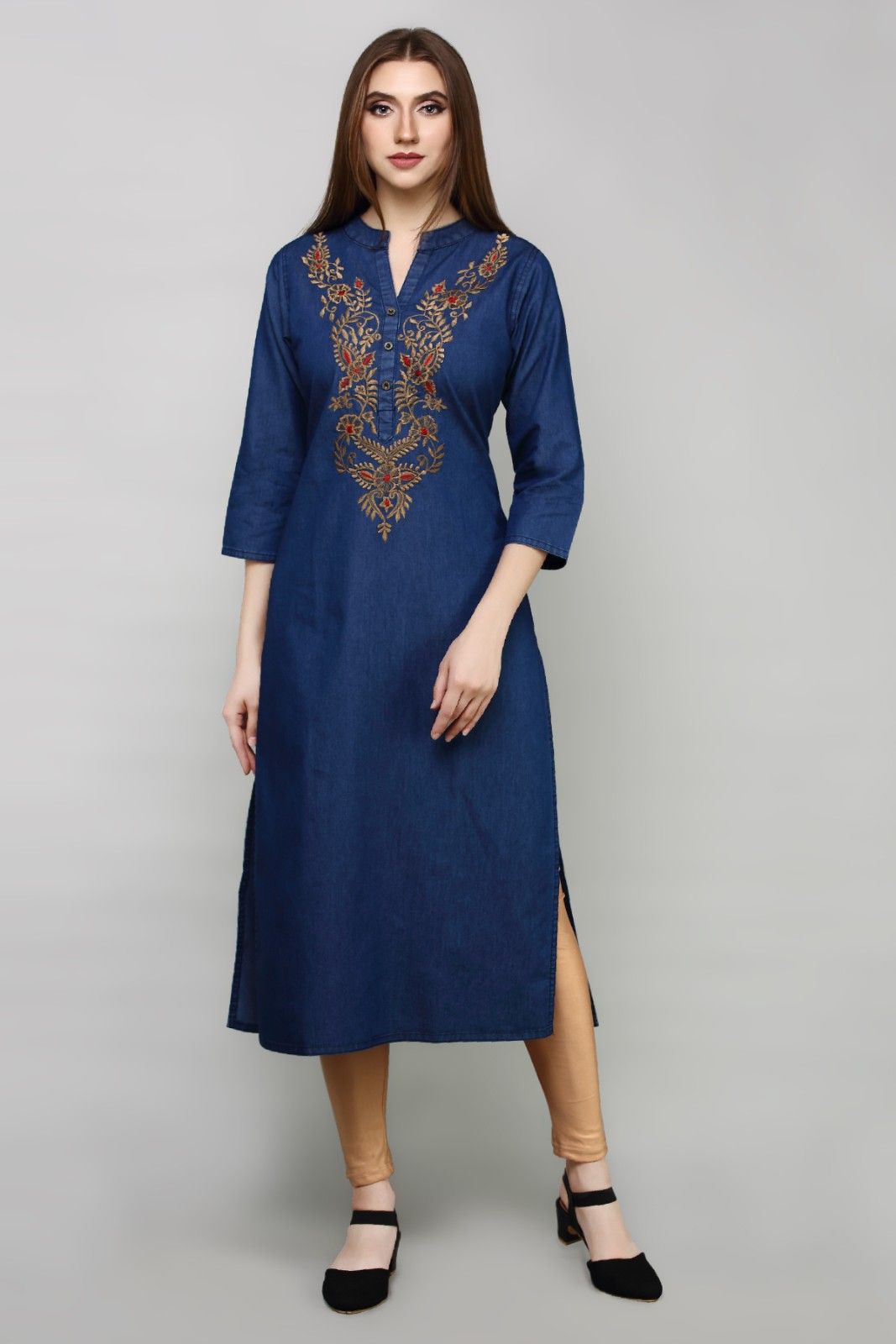 Denim Embroidered Kurta, Blue - M (Style -1875B)
