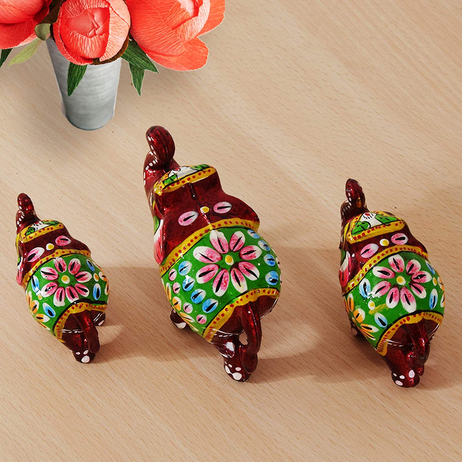 DreamKraft Handcrafted Elephant Showpiece (Set of 3, Red) view 2