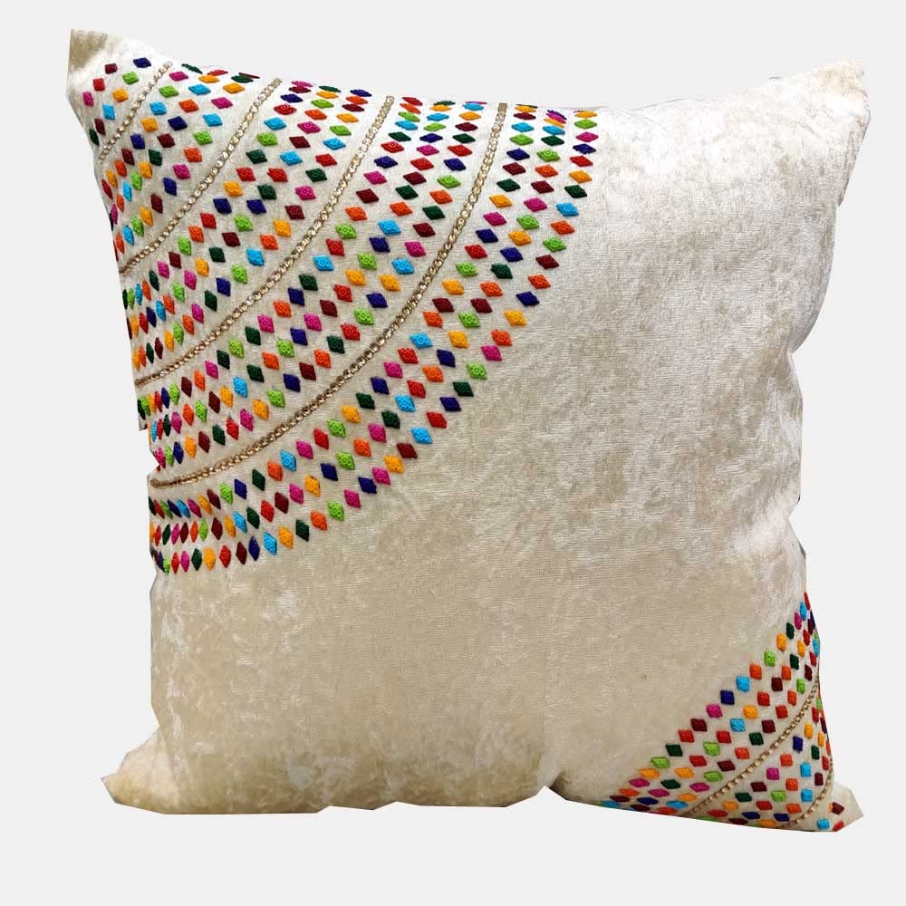 Suede Cream Off White Multicolor Maroon Set of 3 Ethnic Beaded Embroidered Square Combo Cushion Covers for Sofa Home Bedroom (16x16 inch or 40 x 40 cm) view 2