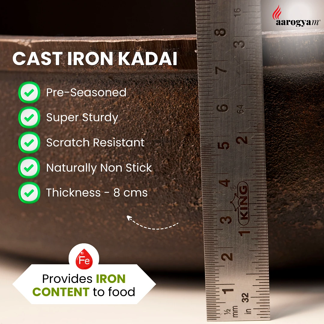 Aarogyam Cast Iron Round Flat Base Loha Kadai, Double Handle, Pre-Seasoned 11 inch Diameter (28 cm), Naturally Non-stick, Toxin-Free, Gas & Induction Compatible, Weight- 3.6 kg (Colour - Black) by Aarogyam - The Cast Iron Shop view 2