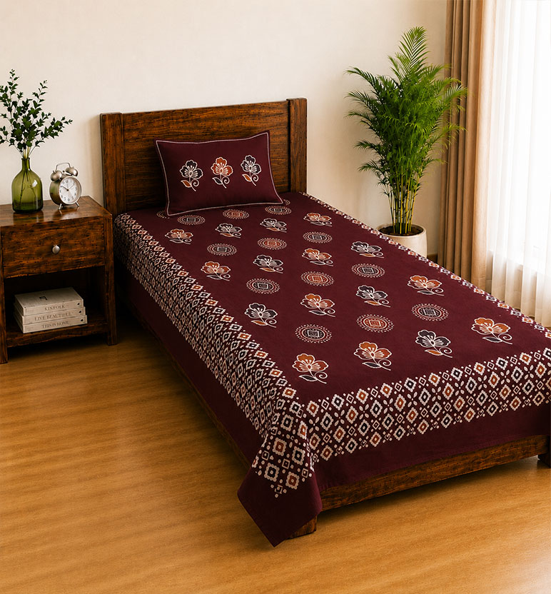 Handcrafted Batik Printed Cotton Single Bed Bedsheet view 2