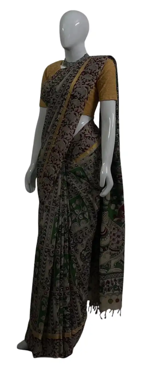 Kalamkari Mangalgiri Silk Cotton Saree Maroon Green view 2