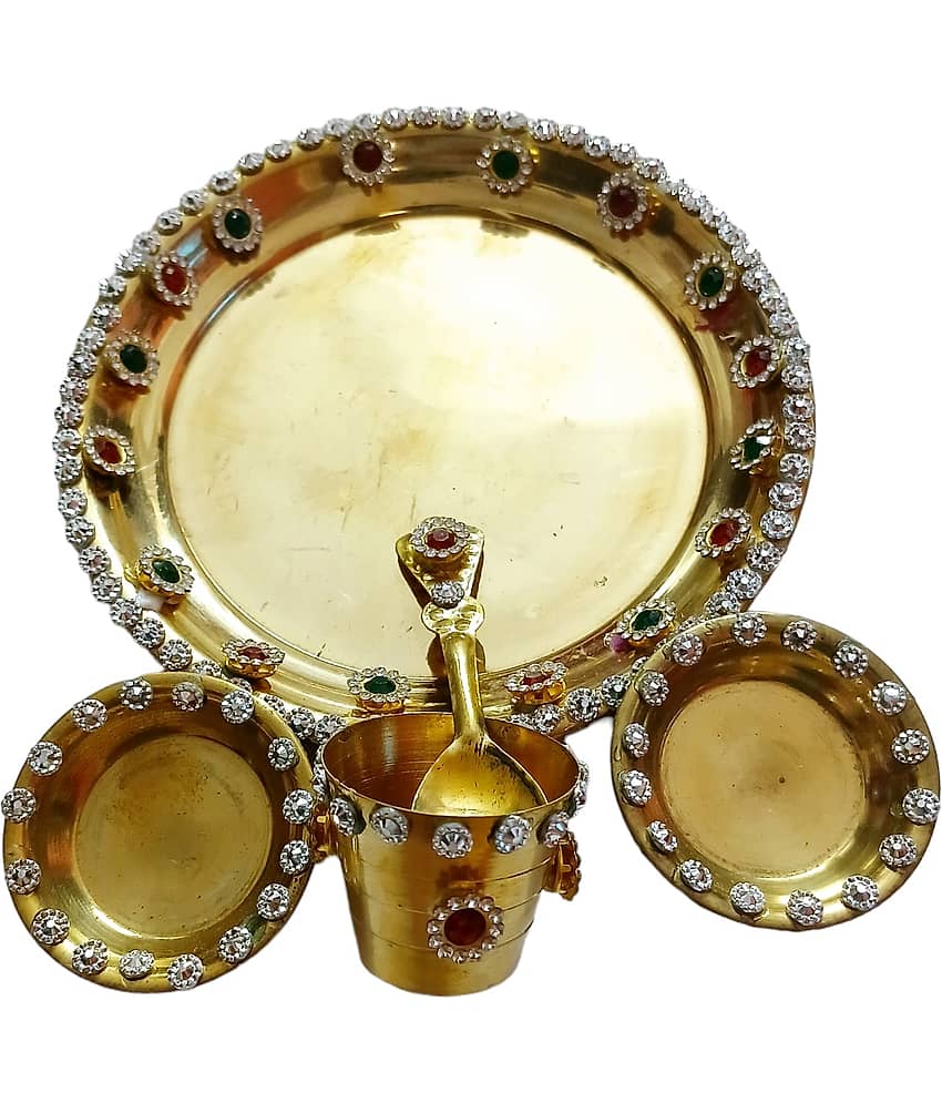 Golden Brass Pooja Bhog Thali with 2 Bowls, 1 Spoon & 1 Glass view 2