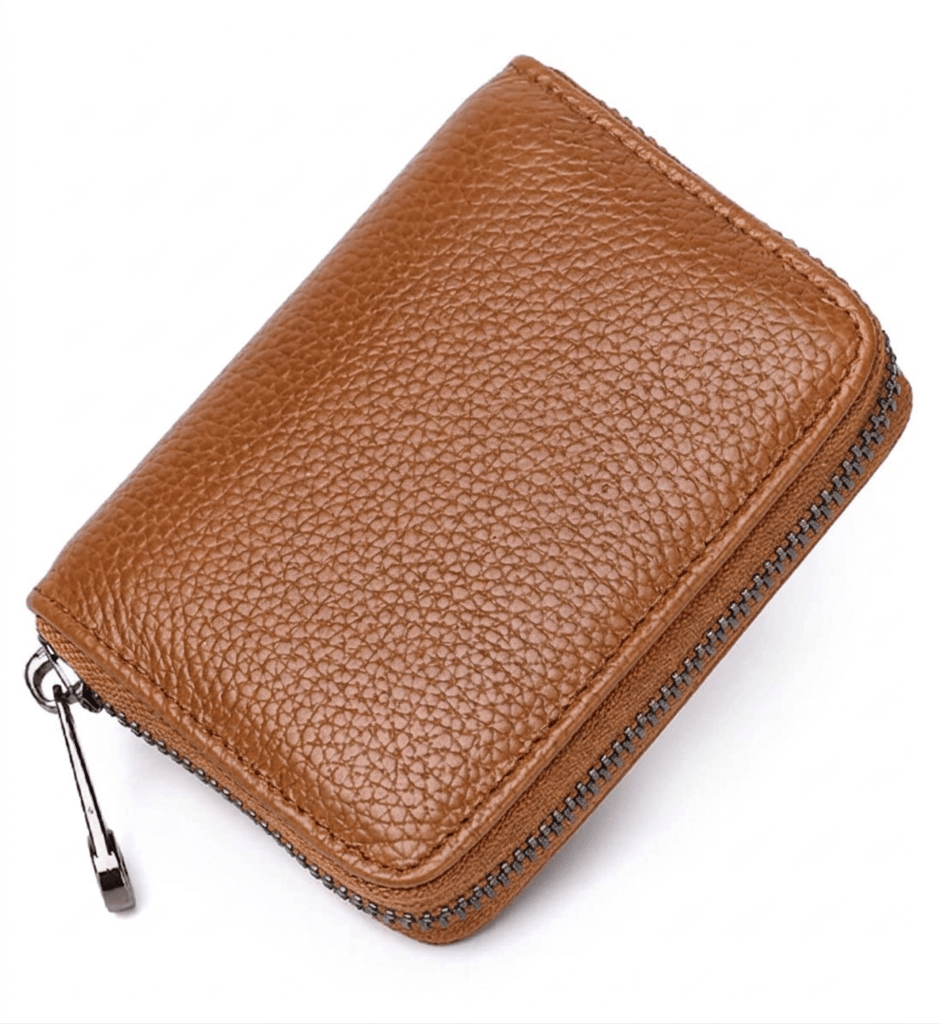 Brown Grained Leather Zippered Card Holder Wallet for Man And Woman