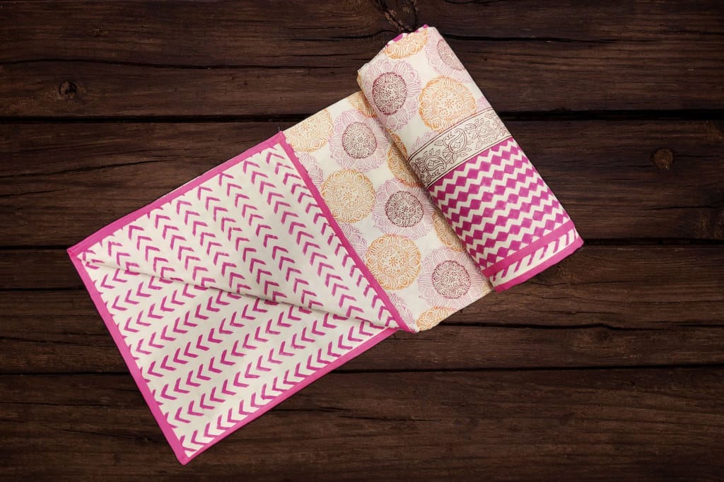 Cotton Blanket - Single Dohar ( 60 x 90 Inches) Orange-Pink Floral view 2