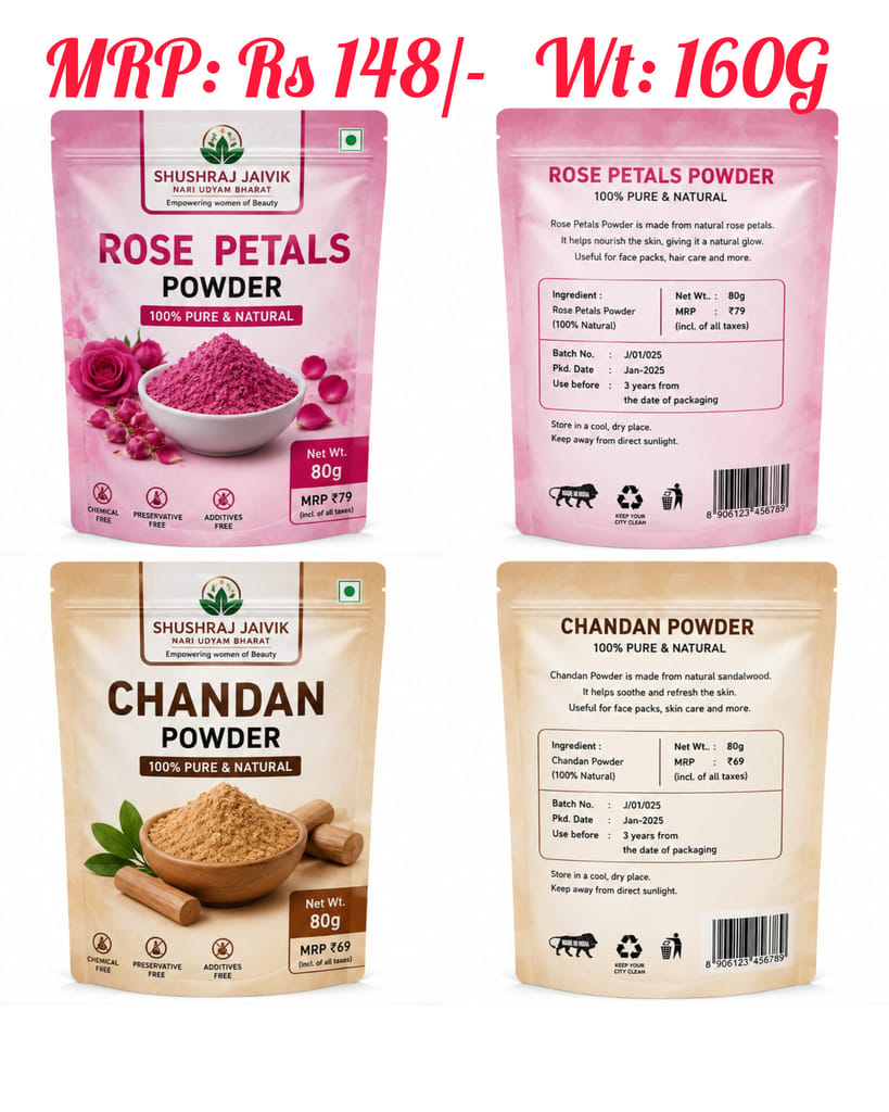SHUSHRAJ JAIVIK Rose Petals Powder & Chandan Powder Combo Pack - 100% Pure & Natural Skin Care Powder view 2