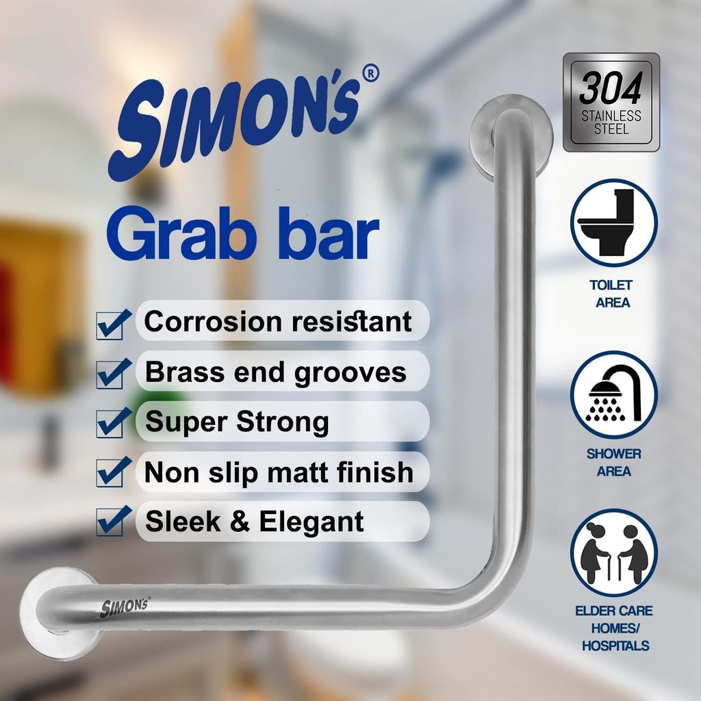 Simon's 100% Stainless Steel 304 Heavy Duty Grab bar for Bathroom handrailing and Safety Handle - 12+12 inch 90 Degree L - Shape view 2