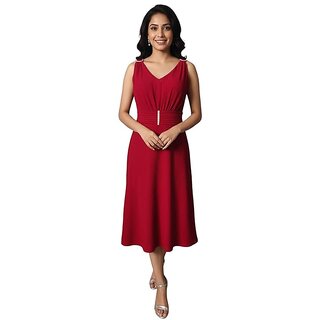 Women's A-Line Midi Dress, Forest Green and Red, Cotton Blend, Sleeveless V-Neck, Rhinestone Details, with Waist Cinched Style view 2