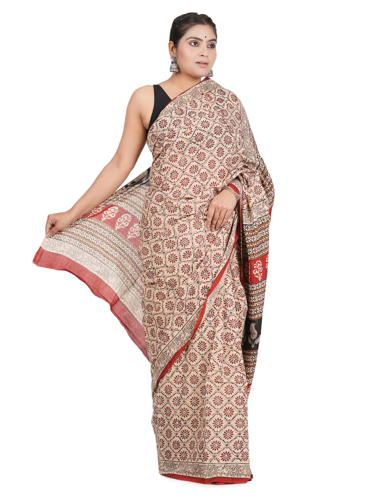 Bagru Handblock Printed Cotton Saree With Blouse - (1TTXSARRJ17106-18) view 2