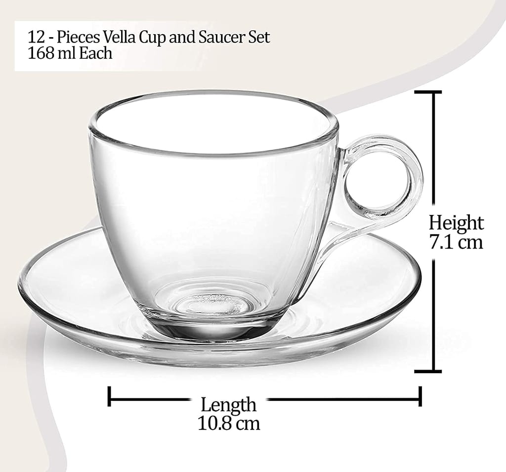 Classic Glass Tea Cup & Saucer Set | Coffee Mug with Handle | Borosilicate Glass Cup for Coffee, Milk, Green and Lemon Tea | 6 Cup and 6 Saucer | view 2