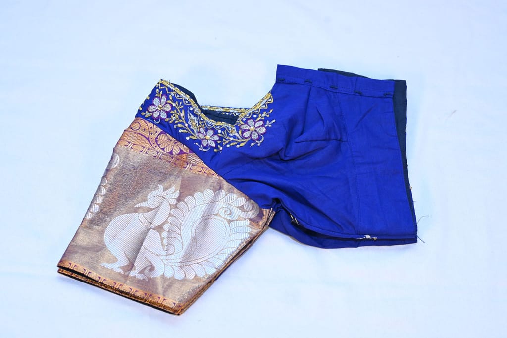 Blue Embroidered Boat Neck Blouse With Elbow Sleeves view 2