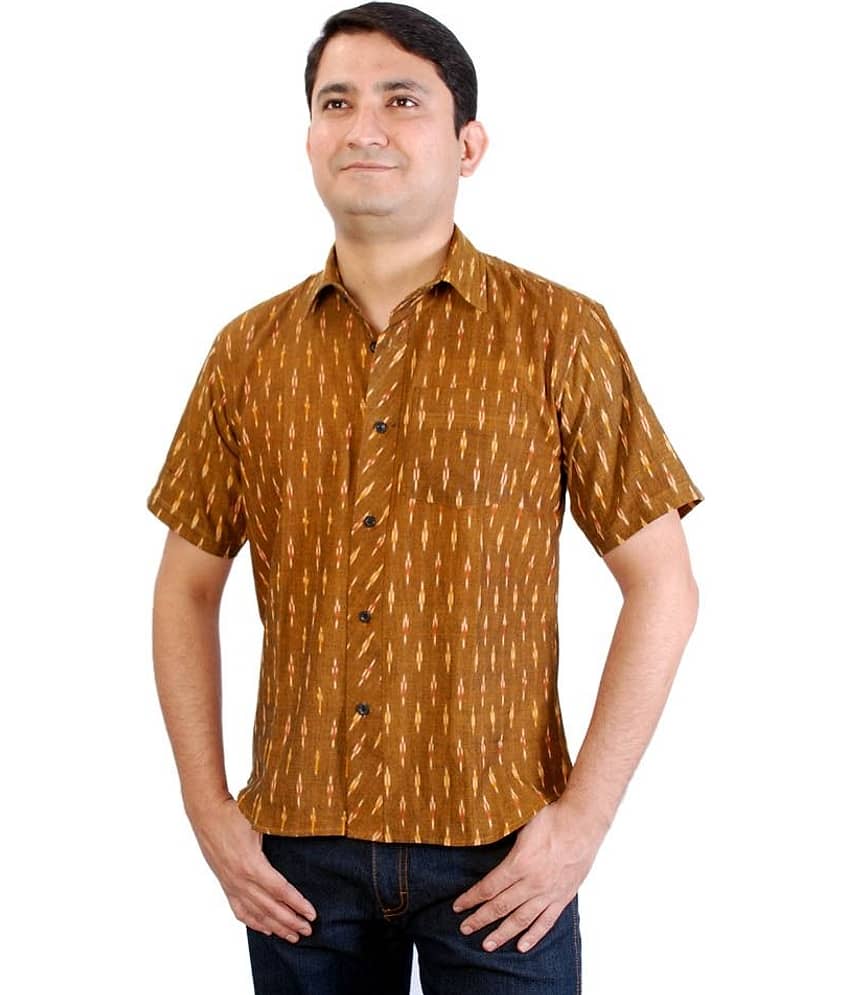 Hand Woven Cotton Mustard Ikat Weave Shirt