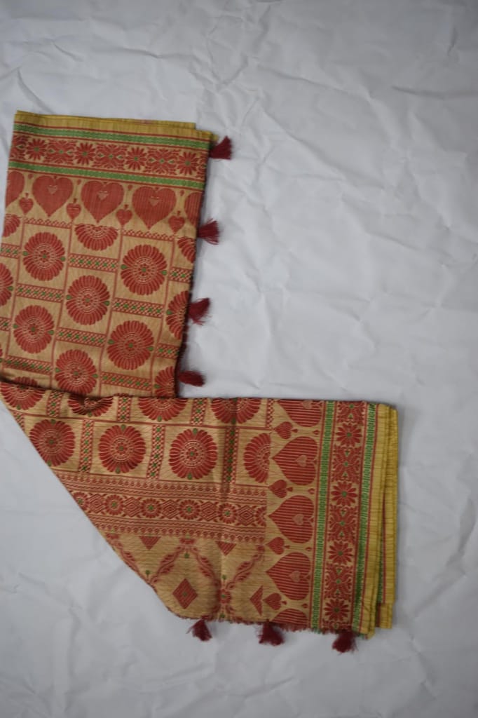 TULIP Traditional Handloom Silk Saree with Tassels, Red and Gold Floral Pattern, Cotton Fabric, Ethnic Indian Design, view 2