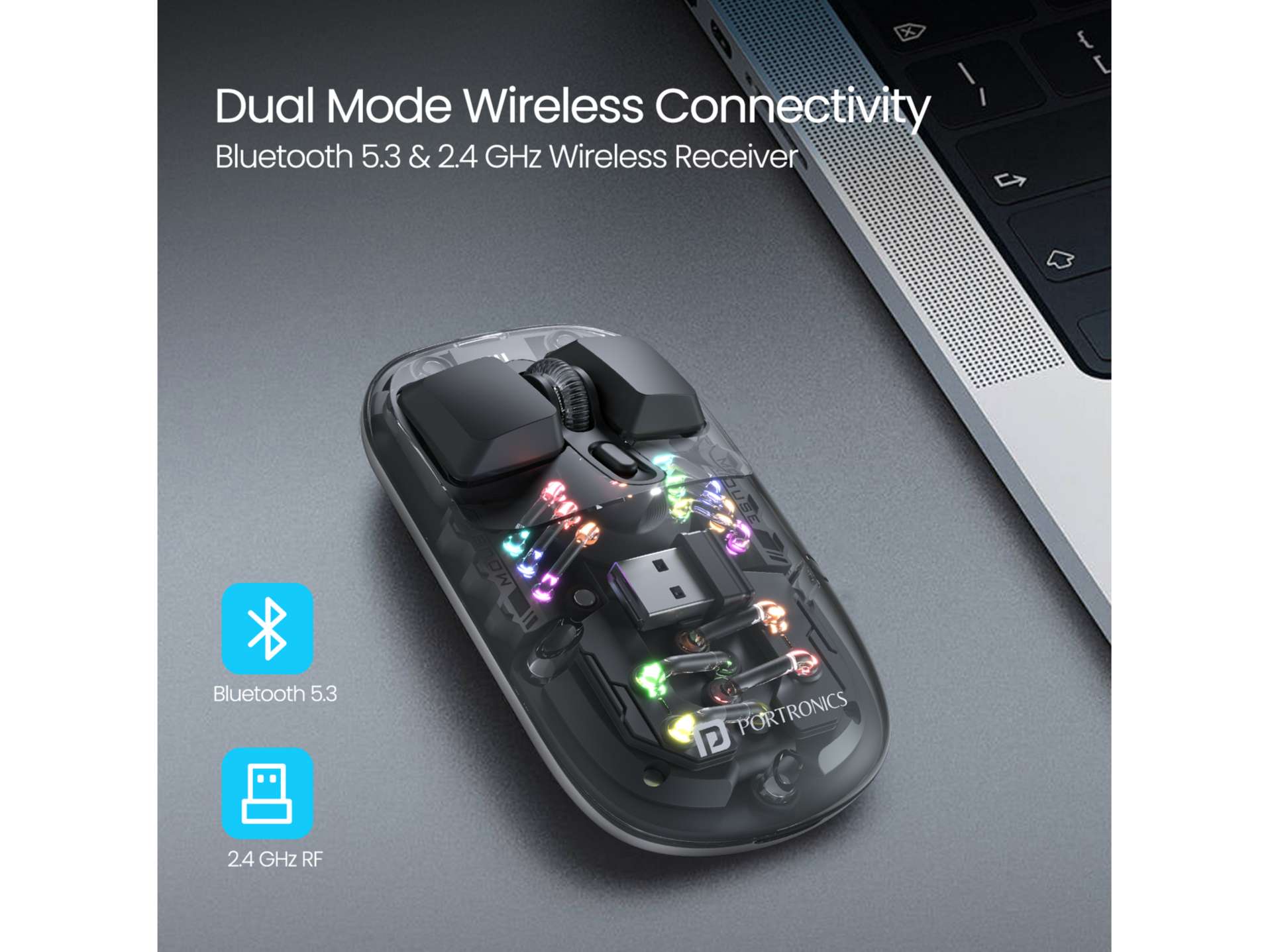 Portronics Toad 5 Mouse, Bluetooth & 2.4 GHz Wireless, Rechargeable, RGB Lighting, Keyboard-like Buttons view 2