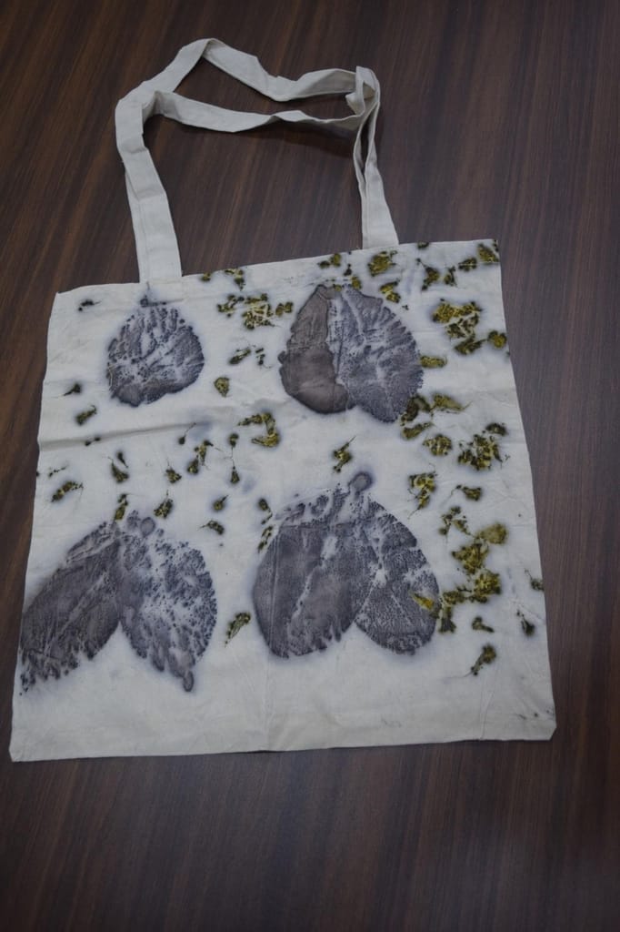 TULIP Traditional Artisians' Upliftment Livelihood Program Canvas Tote Bag with Leaf Print, Grey Handles, Reusable Shopping Bag view 2