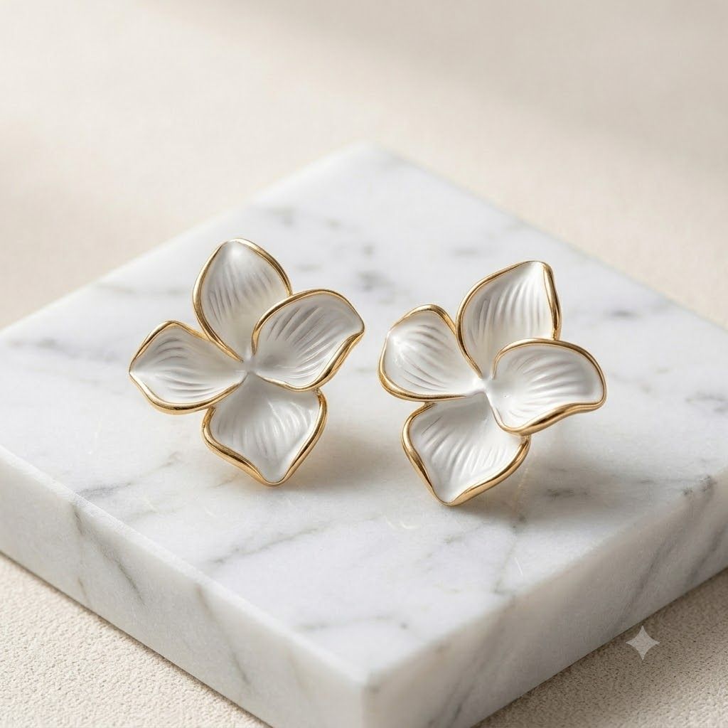 Elegantra White Flower Stud Earrings for Women and Girls | 18K Gold Plated Waterproof Stainless Steel Floral Tops | Anti-Tarnish Premium Korean Western Jewelry view 2