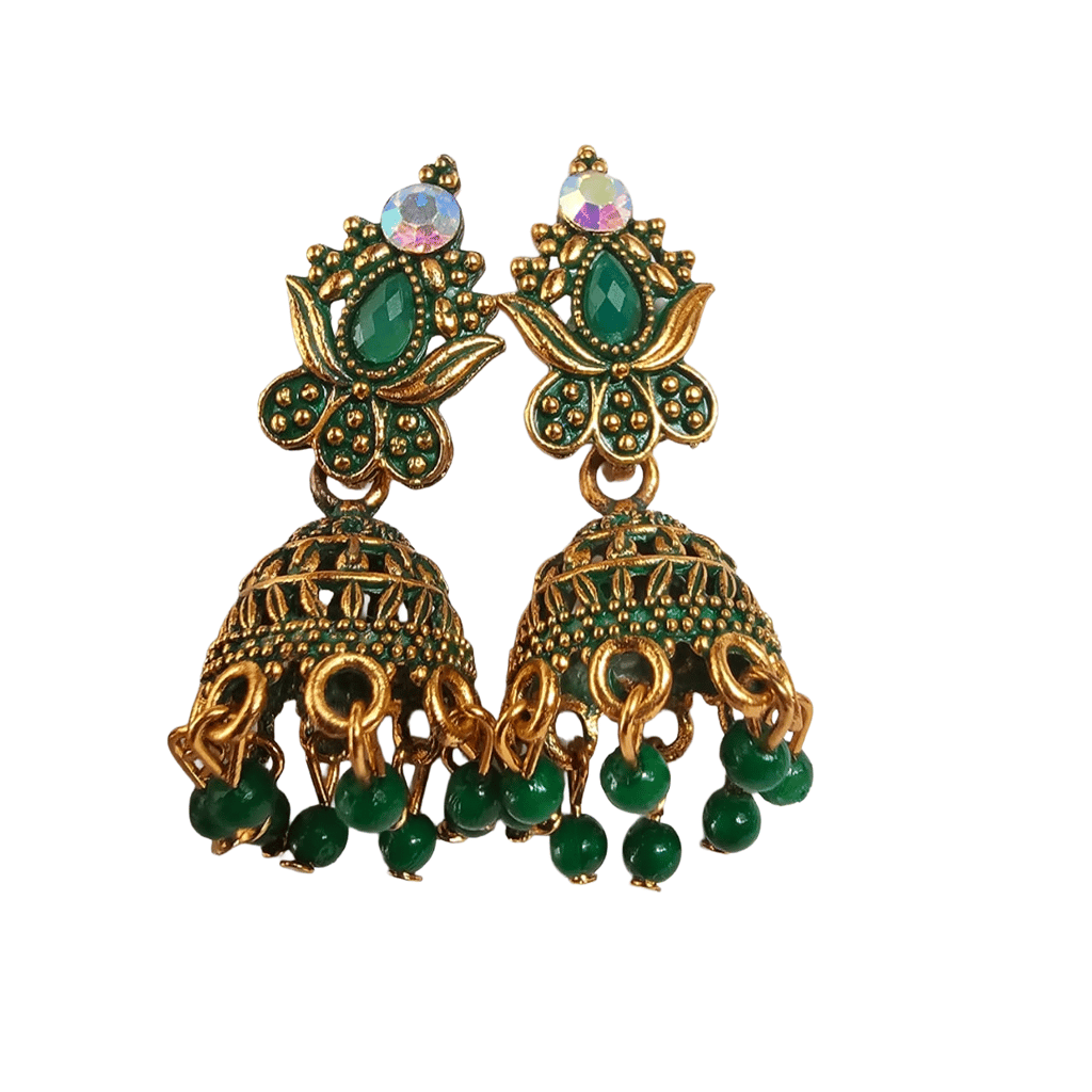 Red Stone Gold-Toned Jhumka Earrings & Green Stone & Pearl Kundan/Temple Style Earrings Stud-like large square earrings combo view 2